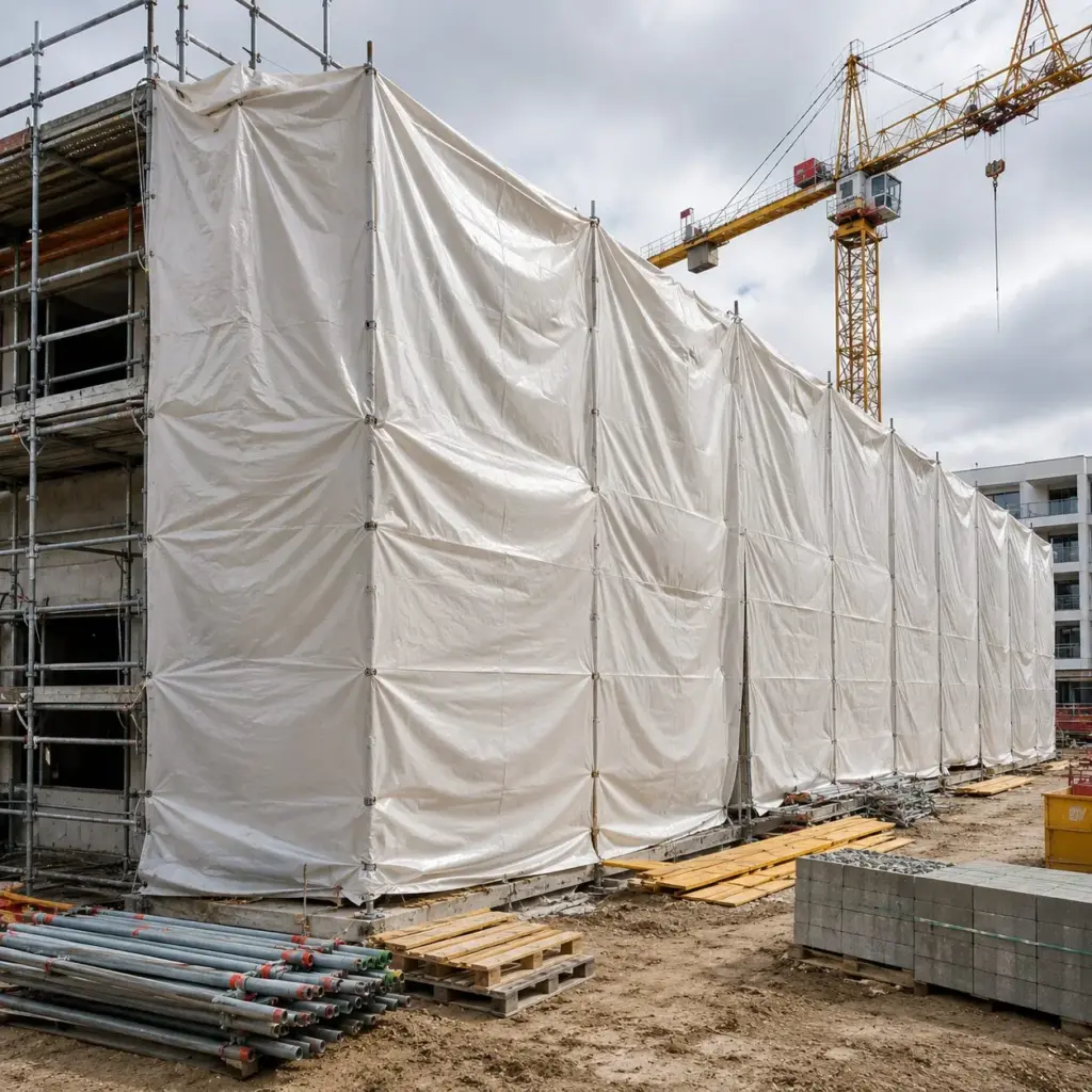 Bâche de chantier blanche sur un échafaudage de construction
