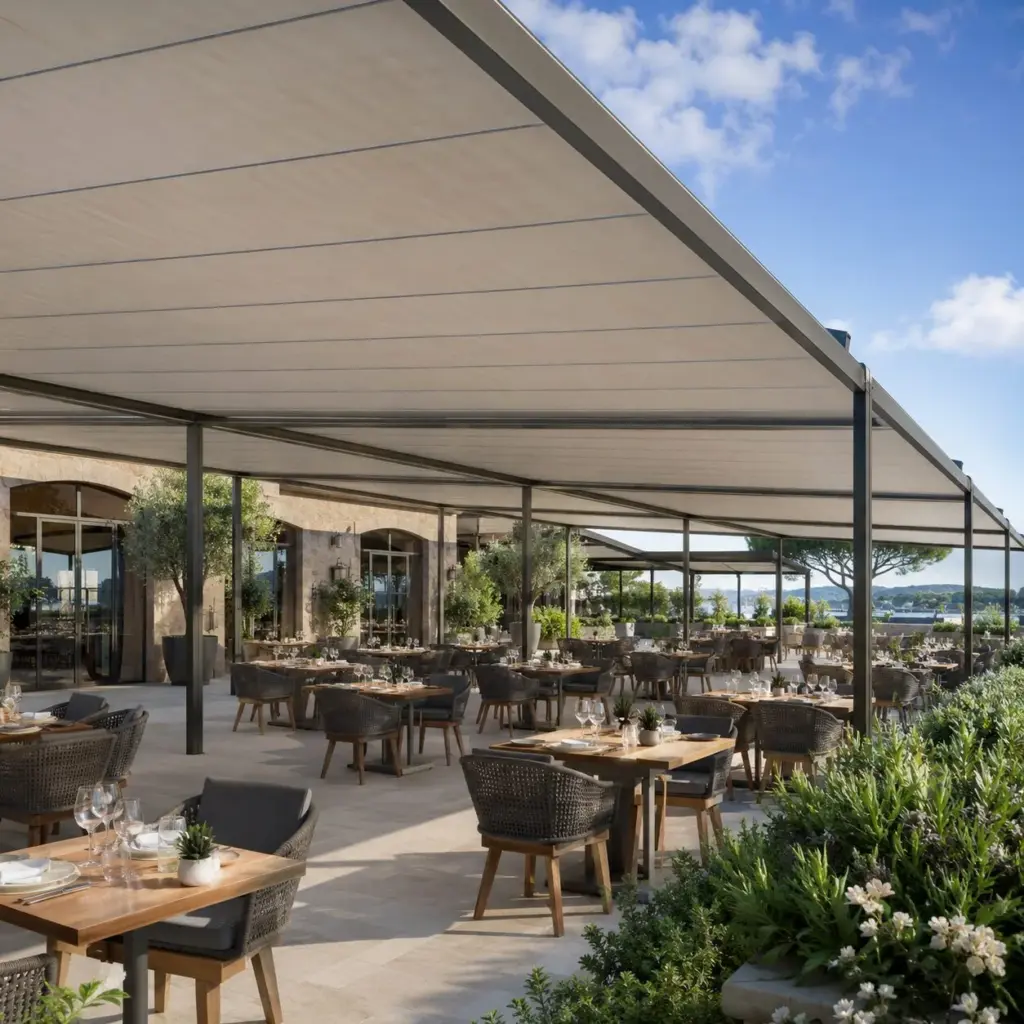 Bâche de pergola et terrasse sur mesure au-dessus d'un restaurant