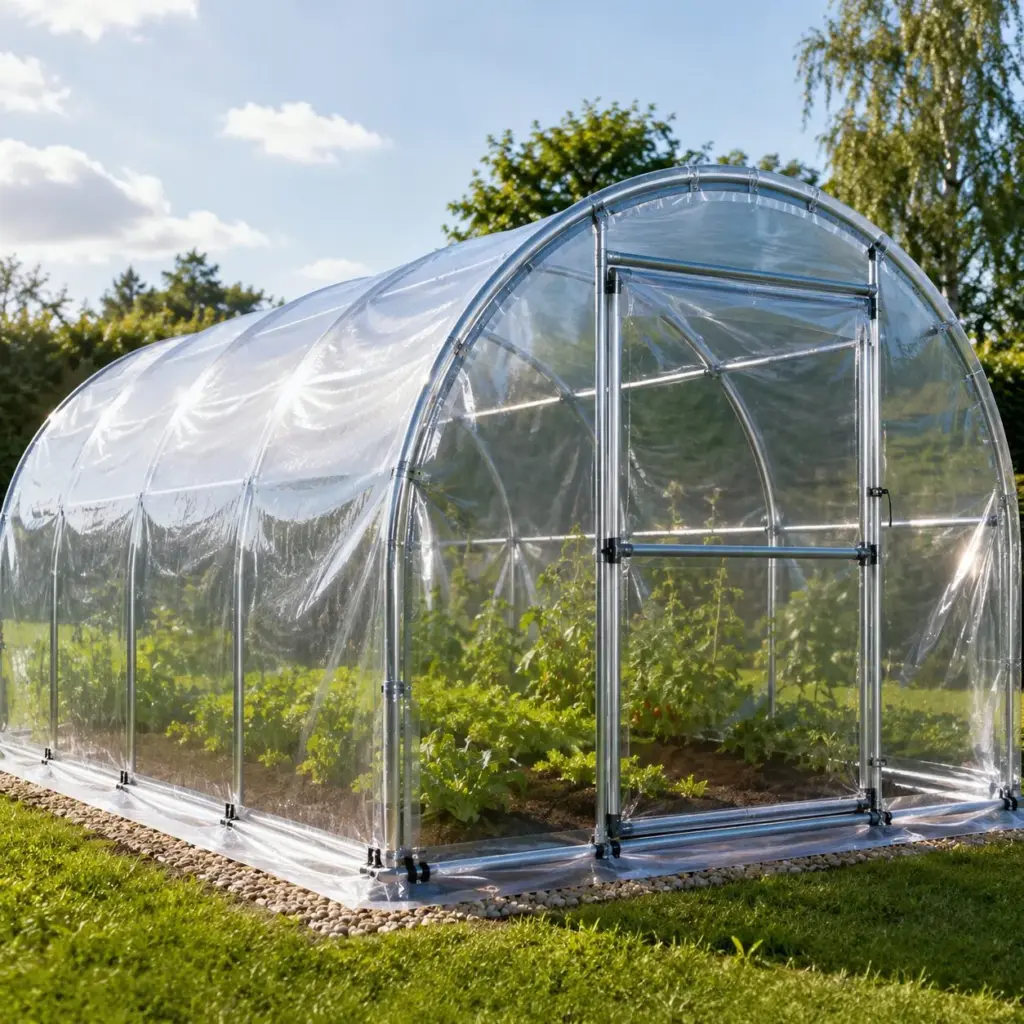 Bâche de serre tunnel transparente sur une structure de jardin